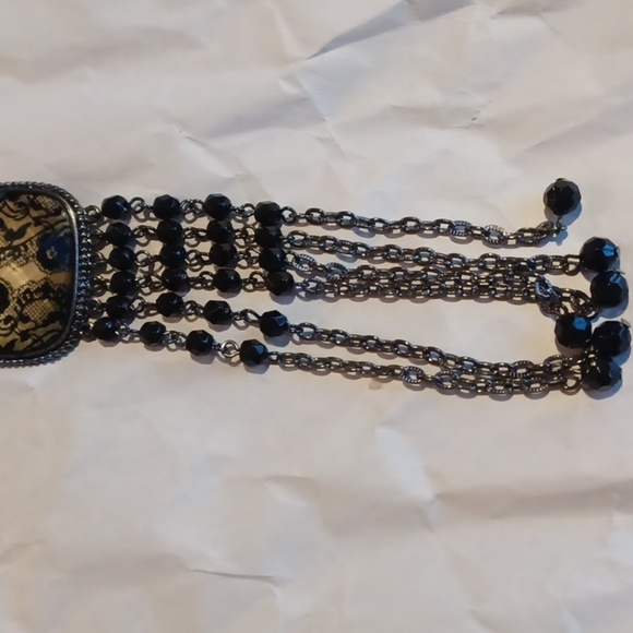 1928 Necklace Black and Yellow Rhinestones Dark Silver Tone, lace design - Picture 5 of 6